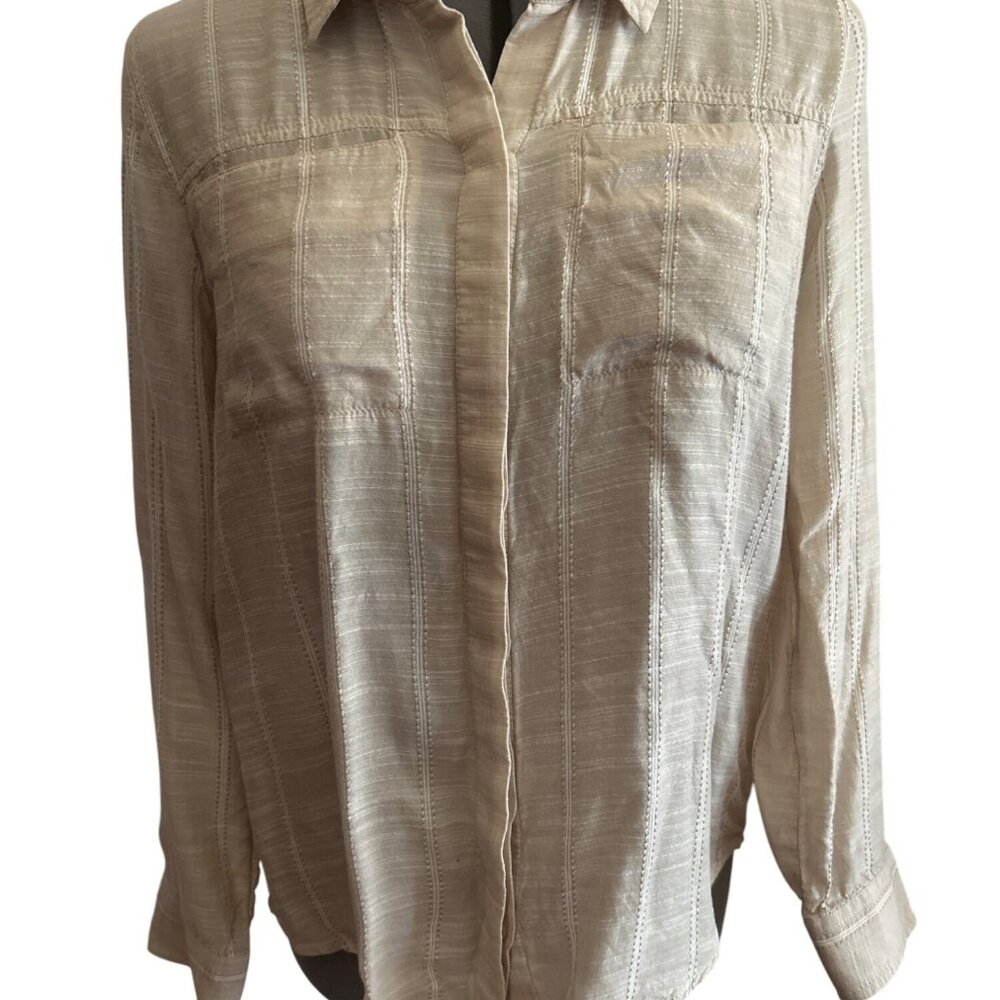 Lucky Brand Beige Button-Down Shirt S/P Viscose & Modal Long Sleeve Striped